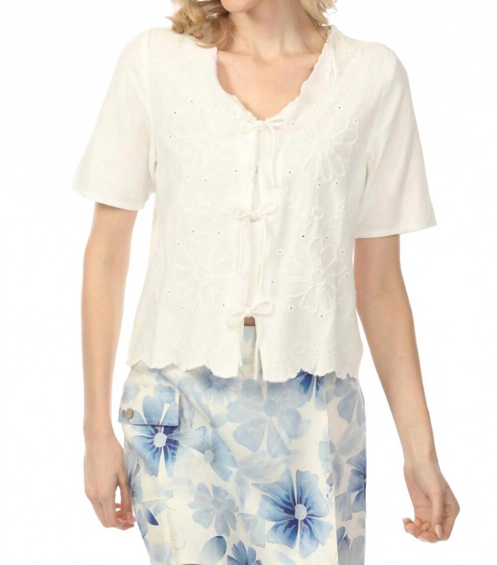 NEW CHARLIE B embroidered front tie cover-up top in white
